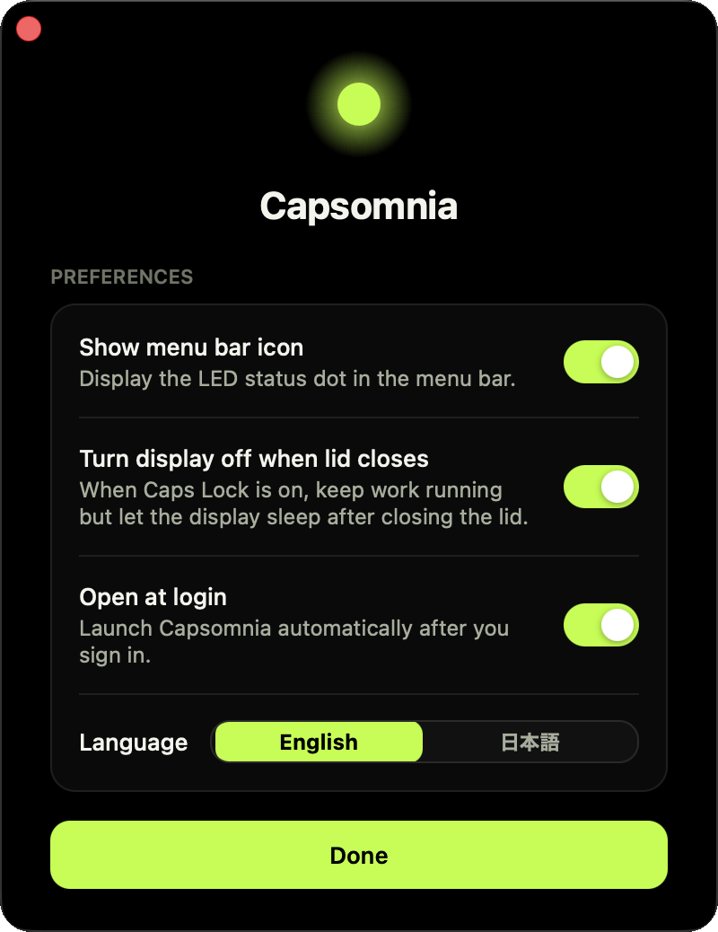 Capsomnia settings window
