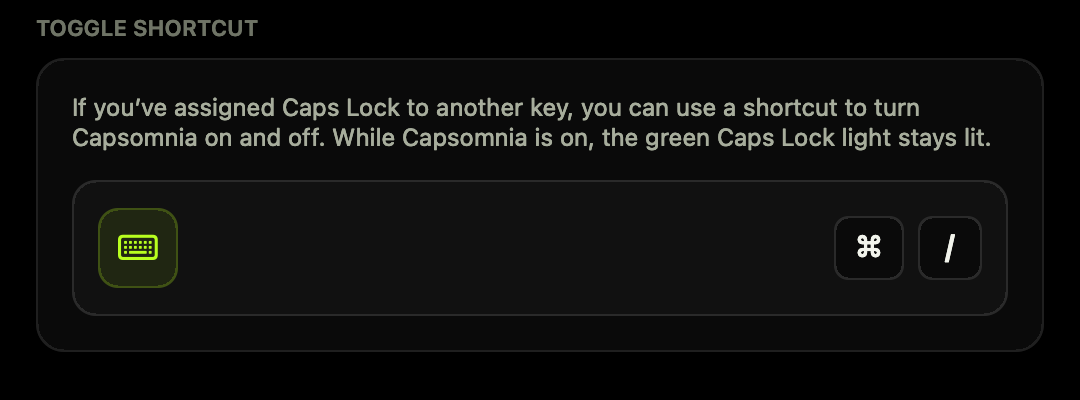 Toggle shortcut controls in Capsomnia Advanced Settings
